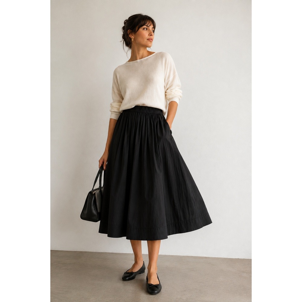Magaschoni Black Cotton Midi Skirt S Elastic Waist Minimalist Parisian Pockets